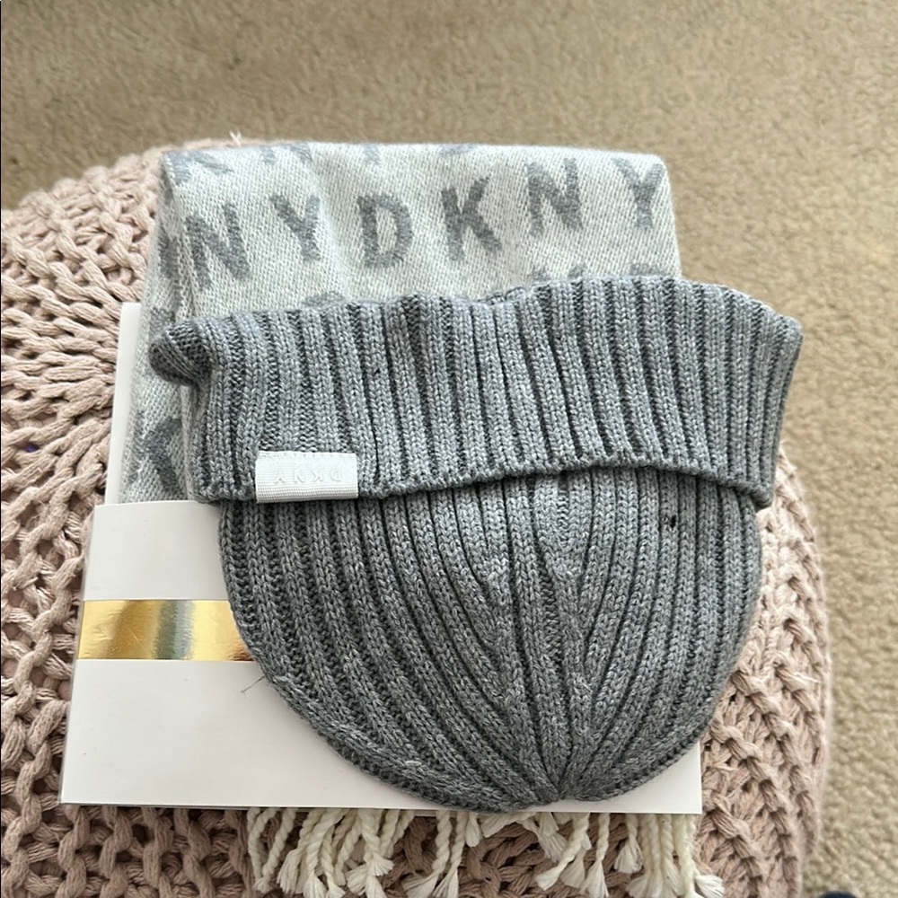 DKNY Gray Knit Beanie and Scarf Set